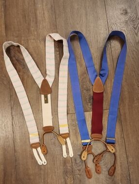 Trafalgar Lot of 2 Braces Suspenders Linen Leather Trim Woven Classic Preppy